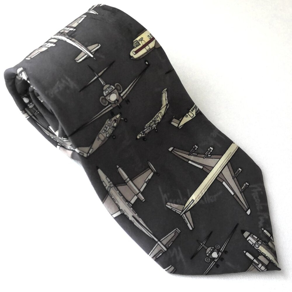 VTG Nicole Miller Silk Tie Hand Sewn Airplane Aviation Logo Gray Taupe & Cream
